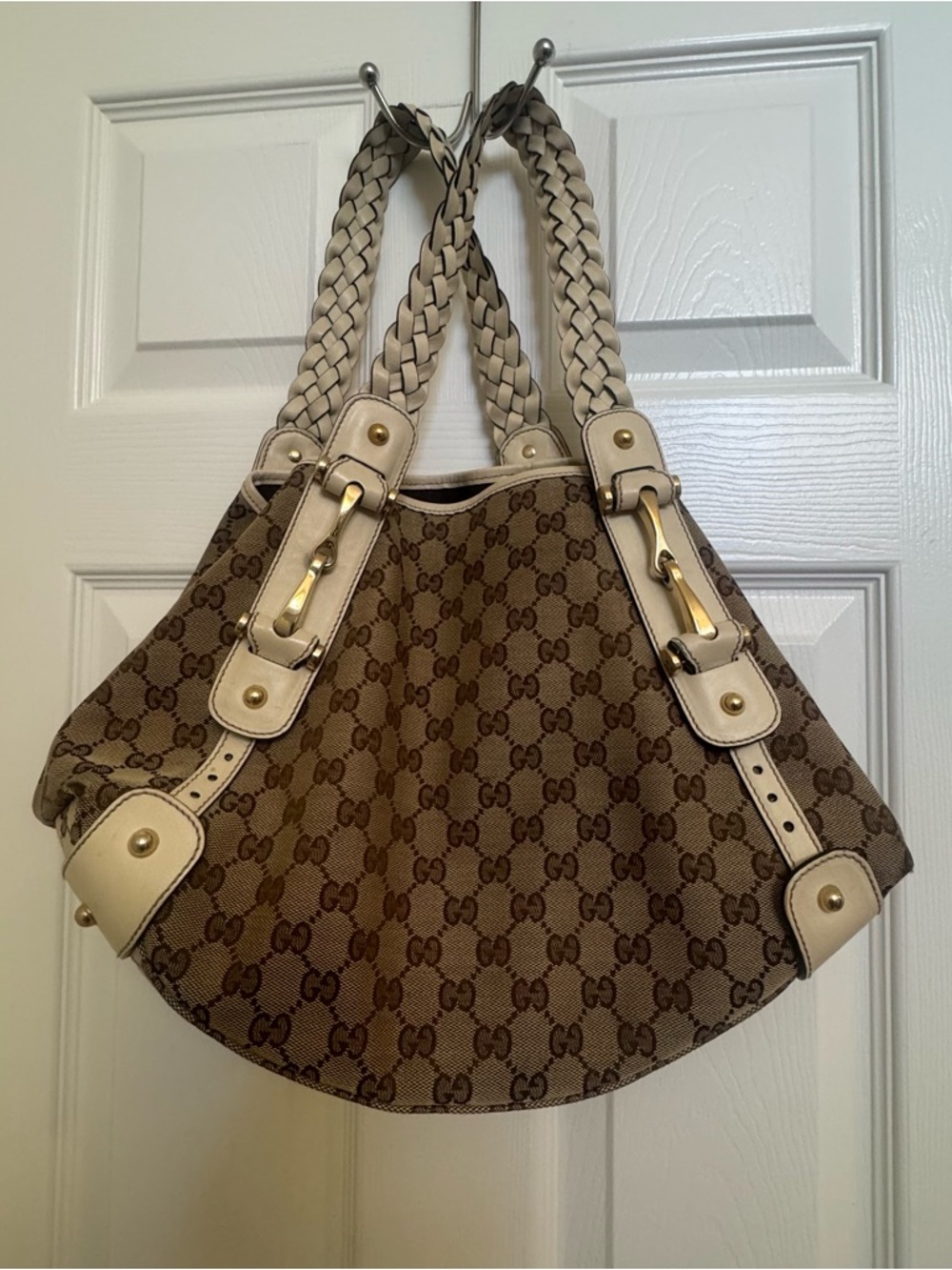 Gucci Brown GG Canvas Shoulder Bag with Cream Trim and Braided Straps